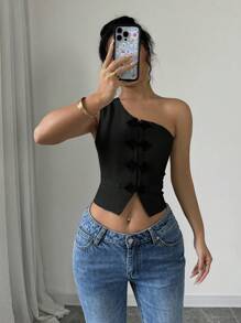 Selianne 不對稱下擺前開鈕扣單肩上衣 - 黑色 - 查看 3