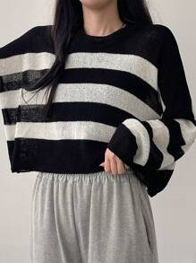 DAZY 女士条纹宽松针织毛衣 - 黑與白 - 查看 3