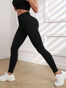 Gameset SHEIN Sport Leggings deportivos de cintura ancha de panal tejido de canalé - Negro - Ver 4
