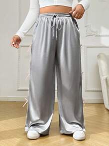 SHEIN EZwear Plus Size Women Solid Color Front Tie Bow Decor Casual Pants - Silver - View 6