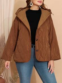 EMERY ROSE Plus Size Women's Solid Minimalist Hooded Thermal Jacket, Fall/Winter - Brown - View 4