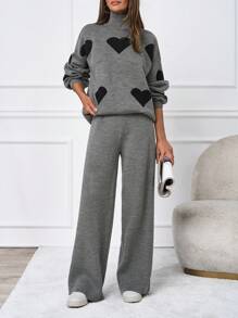 SHEIN Tall 2 piezas/Conjunto Suéter de cuello alto con estampado de corazón casual