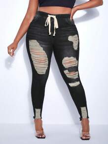 SHEIN Lady Plus Size Women Ripped Fashionable Denim Jeans - Black - View 6