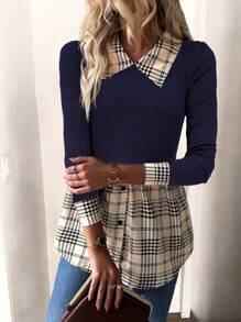 SHEIN Clasi Women's Solid Color Plaid Patchwork Long Sleeve T-Shirt - Navy Blue - View 6
