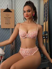 SHEIN Cute Orange Print Contrast Color Women Bra - Apricot - View 5