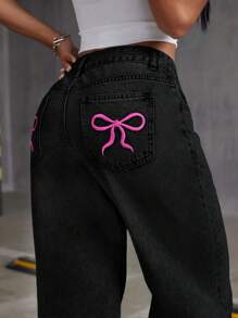 SHEIN ICON 刺绣蝴蝶结洗水牛仔裤 - 黑色 - 查看 4