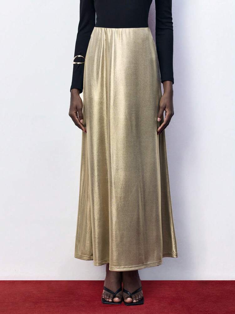 SHEIN Maija 1pc Ladies' Elegant Solid Gold Color Zipper Closure Skirt, Autumn