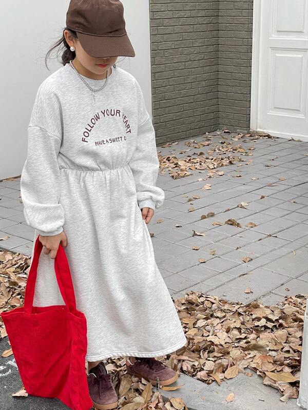 Dazy Kids Tween Girls Knitted Fleece Letter Print Loose Dress, Fall,Winter