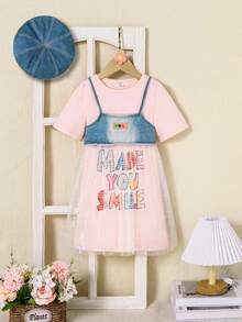 SHEIN 2pcs Summer Casual Slogan Printed Dress With Mesh Inset Slip Dress Set For Young Girls - Pink - View 6
