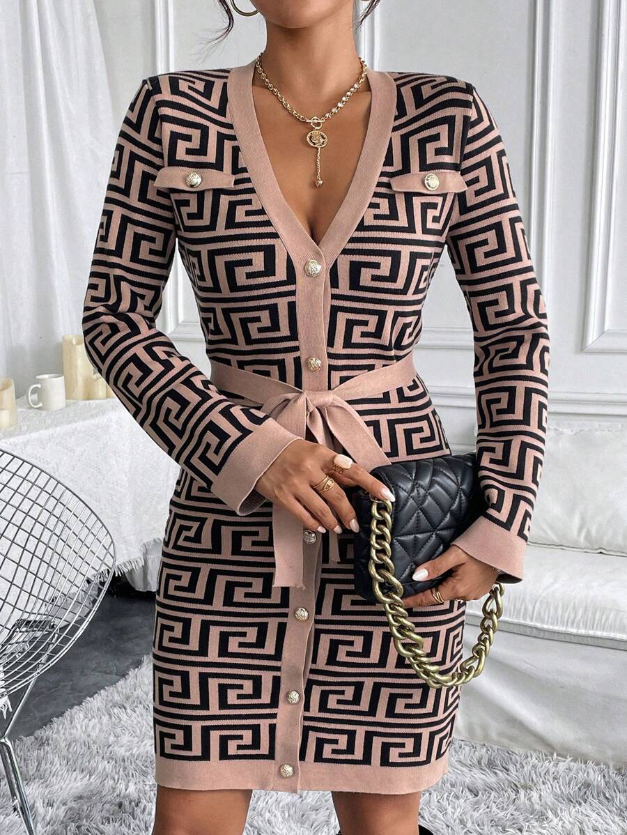 SHEIN Clasi Women Jacquard Tie Waist Open Cardigan - Multicolor - View 1