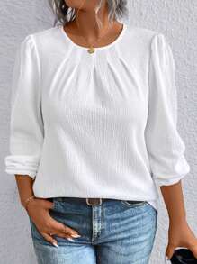 Plus Size Crew Neck Long Sleeve Solid Textured Casual Shirt - White - View 4