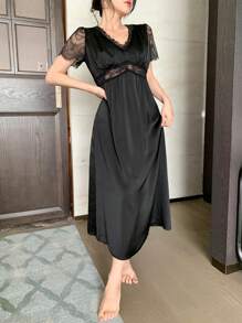 DAZY Lace Patchwork Satin Waist Nightgown Pajama - Black - View 7