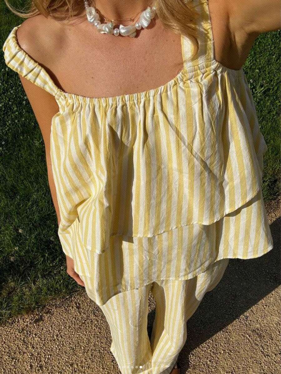 INAWLY 2 件套女士细肩带条纹背心和直腿休闲裤套装 - 黃色 - 查看 1