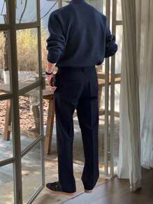 Claim Dot Men's Solid Color Crew Neck Long Sleeve Simple Knitted Sweater, Casual Daily Wear, Fall/Winter - Navy Blue - View 2