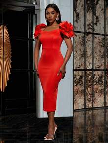 Faeriesty Stereo Flower Off Shoulder Party Dress - Orange - View 4