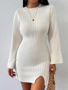 Chiquease Solid Color Crew Neck Long Sleeve Simple Knit Sweater Dress, Casual Everyday Wear Fall Cloth For Women - White - View 1