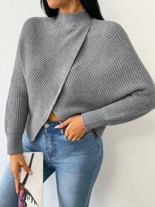 Chiquease 立领不对称下摆长袖套头毛衣，秋冬针织套头衫 - 灰色 - 查看 6