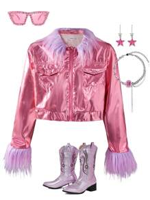 SHEIN Chaqueta brillante de PU con detalles de flecos para niñas preadolescentes, otoño - Rosa Oxidada - Ver 3