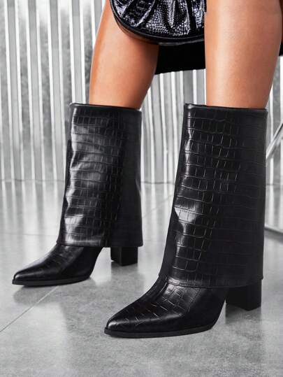 CUCCOO SZL Fashionable Women's Crocodile Embossed PU Leather Pointed Toe Black Chunky Heel Classic Boots For Summer Graduation Heels Prom Heels Vacation Shoes Summer SaleSexy Party Baddie Chic Gorgeous Style Halloween