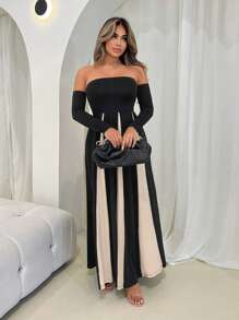 VaVaBold 优雅明星单肩领撞色拼接 A 字剪裁公主裙，A 字廓形，适合约会和鸡尾酒会、秋季连衣裙、舞会礼服 - 彩色 - 查看 5