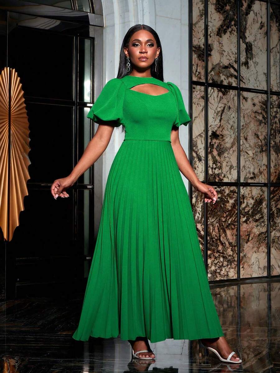 Faeriesty Cut Out Front Puff Sleeves Pleated Party Dress - Green - View 1