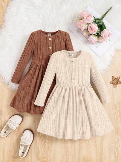 Young Girl 2pcs Solid Color Round Neck Fall Button Decor Ribbed Casual Winter Dress Set