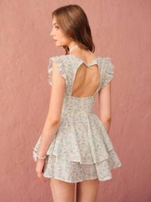 Enchnt 女式夏季小花印花露背無袖連體褲，收腰袖口露背中空設計 - 白色 - 查看 2