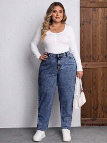 EMERY ROSE Quần jeans ống côn màu trơn dáng casual dành cho nữ cỡ lớn, thanh lịch. - Rửa tối - Xem 4