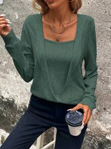 SHEIN Clasi Sweat-shirt-shirt décontracté à col rond de couleur unie à manches longues pour l'automne/l'hiver - Turquoise - Voir 7