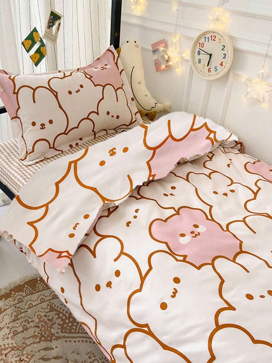 3 件套粉色花卉印花宿舍床饰枕头超柔软宿舍床上用品套装，1 个羽绒被套和 2 个枕套，无填充物，可机洗 - 粉色 - 查看 1