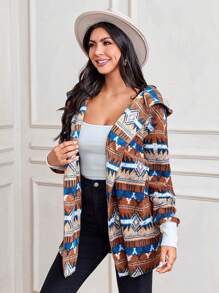 SHEIN LUNE Women's Regular Casual Hooded, Ribbed Cuff, S-Shaped Jacquard, Double-Sided Fleece Fabric Comfortable Jacket For Outings Winter Clothes Business Casual Woman Western Woman Attire Teacher Clothes Work Wear Elegant Woman Clothing