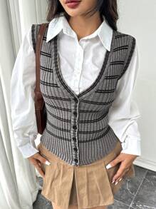 SHEIN Unity Striped Pattern Button Front Sweater Vest Without Blouse - Camel - View 3