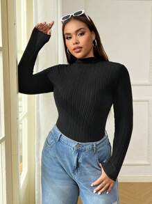 SHEIN EZwear 大码女式立领罗纹针织紧身长袖 T 恤，保暖，适合秋冬季