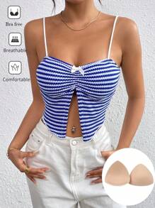 SHEIN Essnce Regata Feminina Casual dos Anos 90 com Enchimento no Busto, Respirável - Azul e Branco - Visão 3