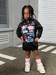 SHEIN Young Girl Knitted Solid Color Letter Pattern Hooded Loose Casual Sweatshirt - Black - View 6