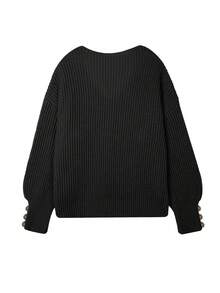 Women's All-Match Loose V-Neck Button Knit Sweater, Casual Versatile Lightweight Ribbed Pullover, Black - Black - View 6