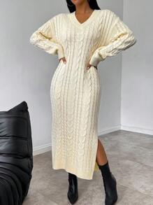 Chiquease Vestido de suéter con cuello en V, manga larga y abertura de unicolor para mujer