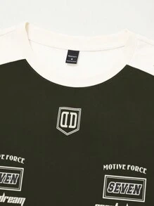 Manfinity Joysei Camiseta de cuello redondo de manga corta con estampado de bloques de color, estilo de camiseta de baloncesto y fútbol para hombres - Verde militar - Ver 6
