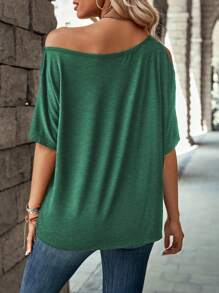 SHEIN LUNE Open Shoulder Short Sleeve Solid Color Casual T-Shirt - Green - View 2