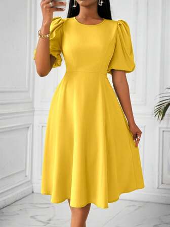 Lyxana 女士圆领泡泡袖 A 字形连衣裙，春夏长款女装