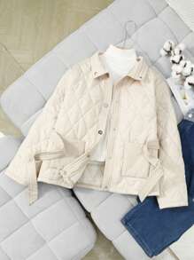 SHEIN 少女菱形图案收腰翻盖口袋翻领宽松休闲棉服外套