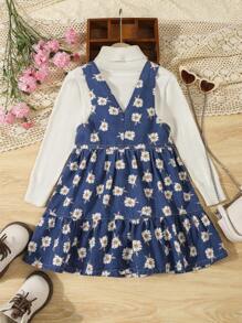 Girls Daisy Print Adjustable Spaghetti Strap A-Line Denim Dress With Ruffle Hem, Multilayered Design - Dark Wash - View 2
