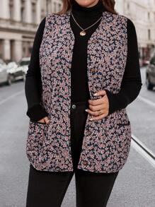 Plus Size Sleeveless All-Over Ditsy Floral Casual Jacket - Multicolor - View 3