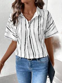 SHEIN LUNE Women's Striped Print Short Sleeve Blouse, Summer - Black and White - View 3