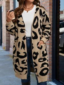 SHEIN Plus Size Women's Leopard Print Long Sleeve Cardigan, For Winter Fall Cloth For Women - Multicolor - View 1