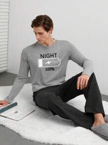 RueChic Cotton Men Letter Print Solid Regular Longsleeve T-Shirt Homewear Set - Grey - View 1