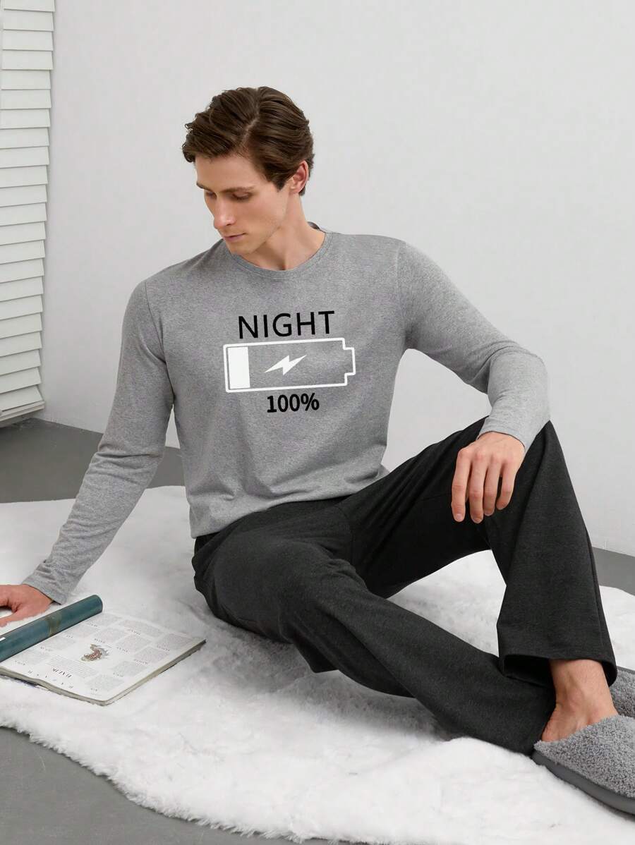RueChic Cotton Men Letter Print Solid Regular Longsleeve T-Shirt Homewear Set - Grey - View 1