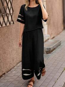 EMERY ROSE 女士波西米亚风亚麻网布拼布休闲套装 - 黑色 - 查看 1