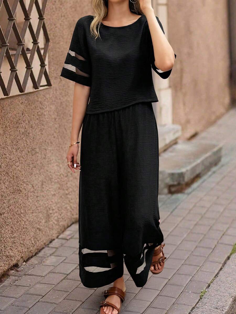 EMERY ROSE 女士波西米亚风亚麻网布拼布休闲套装 - 黑色 - 查看 1