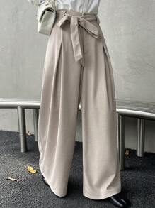 DAZY Solid Color Loose Wide Leg Pants With Pockets And Belt For Women Business Attire - Apricot - View 1